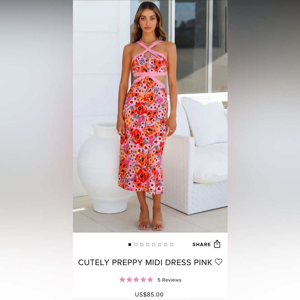 Hello Molly pink patterned midi dress XS - worn once for a wedding.